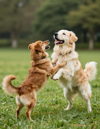 Two golden retriever dogs playing in the park. Selective focus.の写真素材
