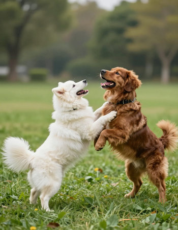 Two dogs playing together in the park.の写真素材