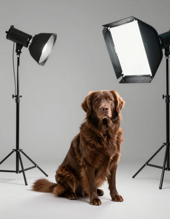 Studio photo of a dog on a white background with lighting equipment.の写真素材