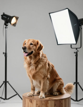 Golden retriever on stand in photo studio with professional lighting equipment.の写真素材