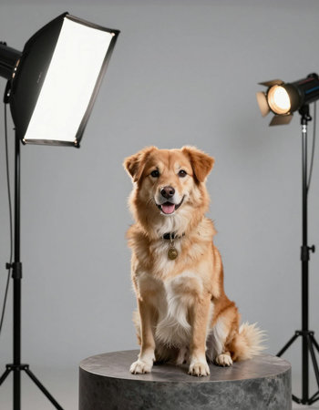 Studio portrait of beautiful golden retriever dog on grey background with lightingの写真素材