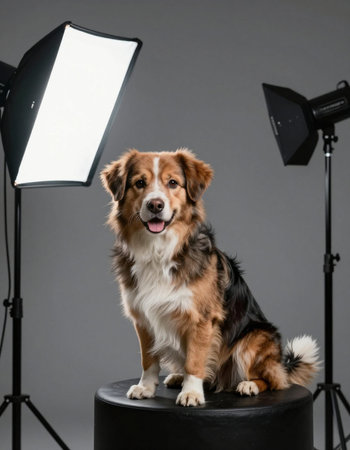 Australian shepherd dog sitting on a stool in front of a studio lightの写真素材