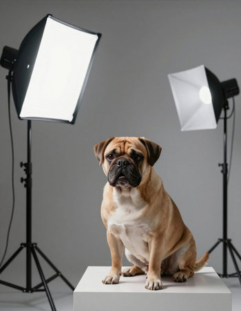 Studio photo of a cute purebred bulldog dog sitting on a white box next to a professional lighting equipment.の写真素材
