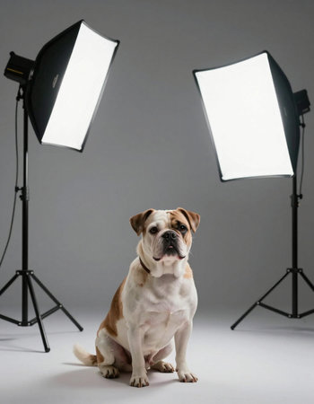 Studio shot of an adorable English Bulldog sitting in front of a studio lightの写真素材