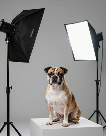 Studio photo of a bulldog in front of a gray background.の写真素材