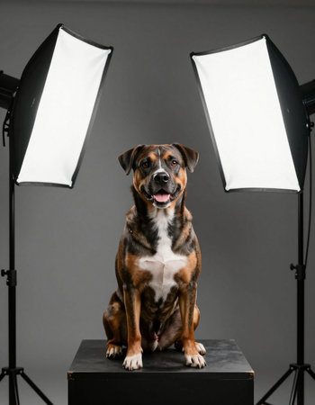 Portrait of an American Staffordshire Terrier sitting in front of a studio lightの写真素材