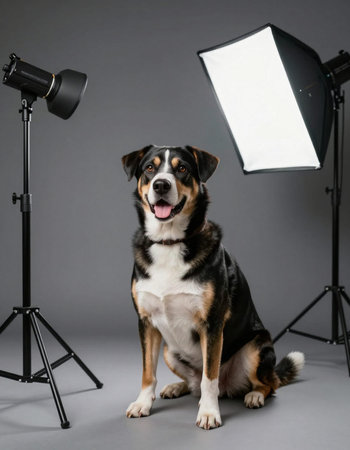 Portrait of a mixed breed dog sitting in front of a studio lightの写真素材