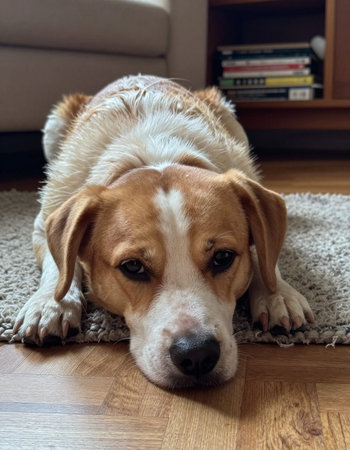 Dog is lying on the floor and looking at the camera.の写真素材