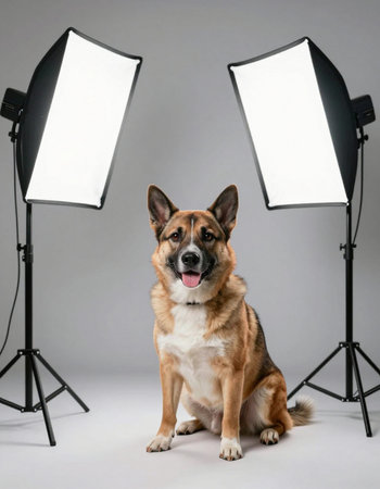 Shepherd dog sitting in front of professional photo studio lighting equipment.の写真素材