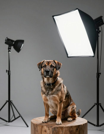 Studio photo of a mixed breed dog on a gray background with lighting equipmentの写真素材