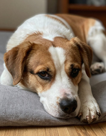 Portrait of a cute dog lying on a sofa.の写真素材