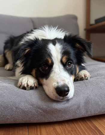 Portrait of a cute australian shepherd lying on a sofaの写真素材