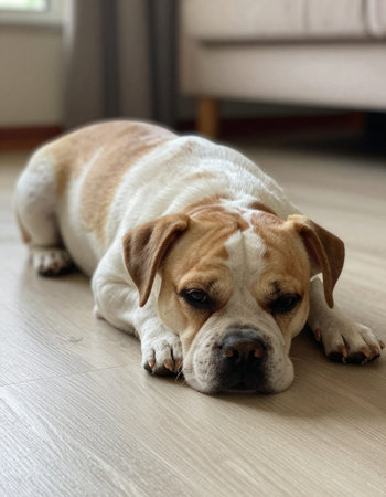 english bulldog lying on the floor at home in the living roomの写真素材
