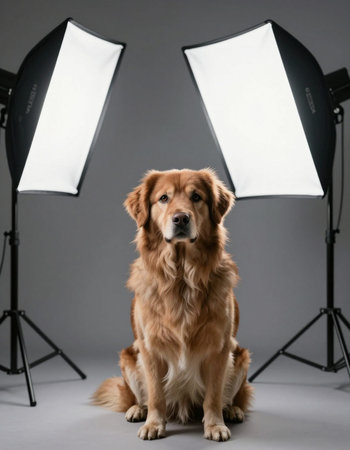 Studio portrait of golden retriever with professional lighting equipment on grey backgroundの写真素材