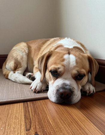 Adorable dog sleeping on the floor and looking at the cameraの写真素材