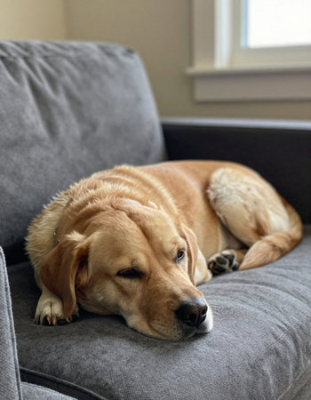 Labrador Retriever sleeping on a sofa in the living roomの写真素材