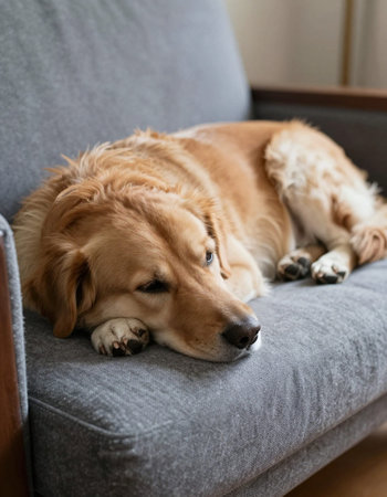 Golden Retriever lying on a sofa at home. Selective focus.の写真素材