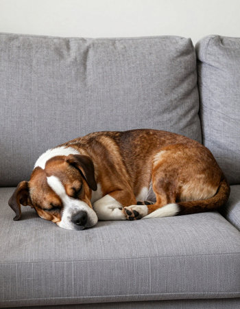 Dog sleeping on a sofa in a living room at homeの写真素材