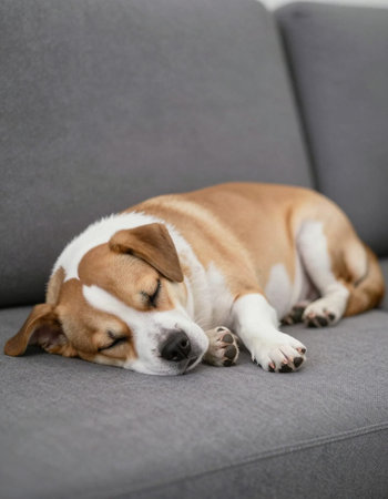 Cute dog sleeping on sofa in living room at home. Pet concept.の写真素材