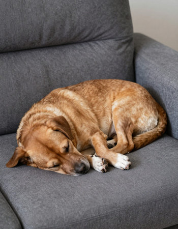 Labrador Retriever sleeping on a sofa in the living roomの写真素材