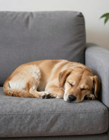 Cute golden retriever dog sleeping on grey sofa in living roomの写真素材