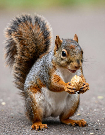 Portrait of a squirrel with a nut in its beak.の写真素材