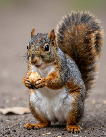 Squirrel on the ground with nut in his paws. Close up.の写真素材