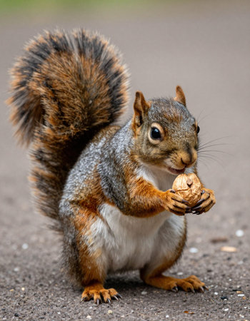 Squirrel on the road with nut in its paws, close-upの写真素材