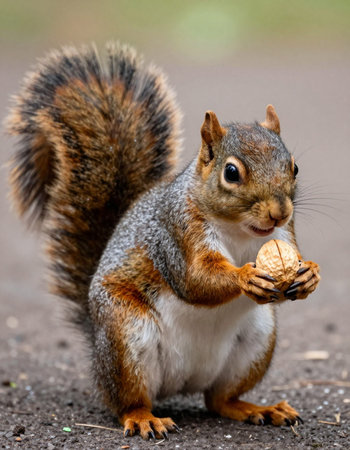 Squirrel in the park eating a walnut. Animal portrait.の写真素材