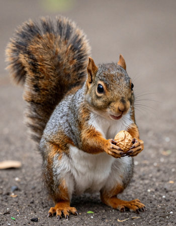 Squirrel eating a walnut on a street in London, UKの写真素材