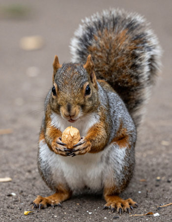 Squirrel with a nut in its beak sitting on the groundの写真素材