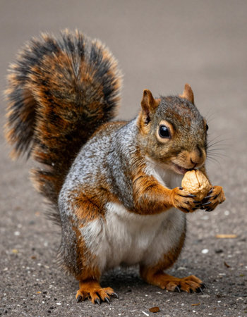 Squirrel eating a peanut in a park in London, UK.の写真素材