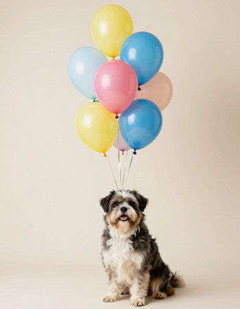 Cute little dog with colorful balloons on beige background, studio shotの写真素材