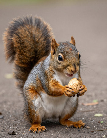 Squirrel on the road eating a walnut from a nut.の写真素材