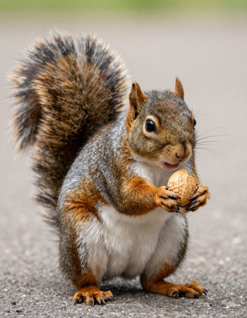 Squirrel sitting on the road with nut in its paws looking at cameraの写真素材