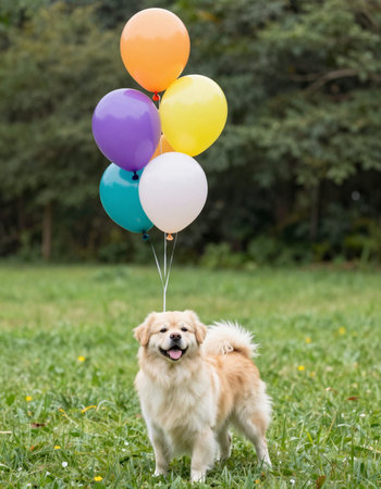 Cute dog with colorful balloons in the parkの写真素材