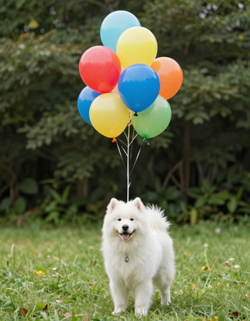 Cute Samoyed dog with colorful balloons in the garden.の写真素材