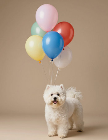 West highland white terrier with colorful balloons on beige backgroundの写真素材