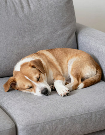 Beagle dog sleeping on grey sofa in living room at home.の写真素材
