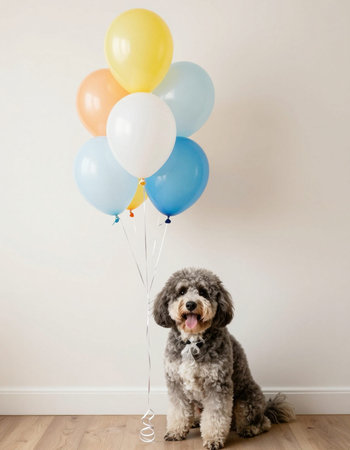 Poodle dog with colorful balloons on a white wall background, copy spaceの写真素材