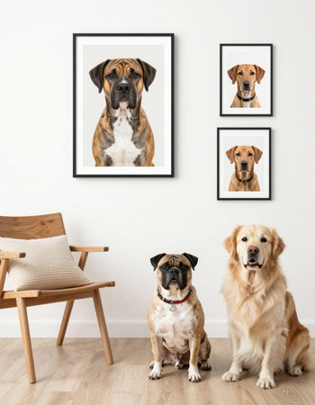 Three dogs sitting in front of a white wall with photo frames on itの写真素材