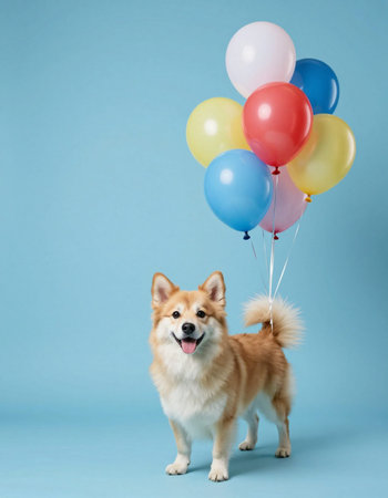 Cute corgi dog with colorful balloons on blue background, studio shotの写真素材
