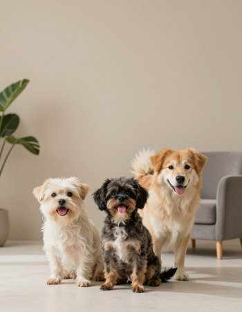 Three dogs sitting on the floor and looking at the cameraの写真素材