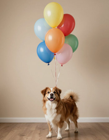 Cute border collie dog with colorful balloons in the room.の写真素材