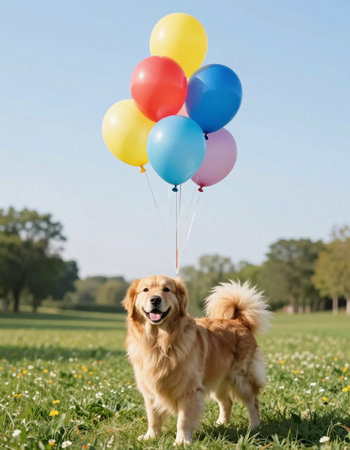 Golden retriever dog with balloons in the park on a sunny dayの写真素材