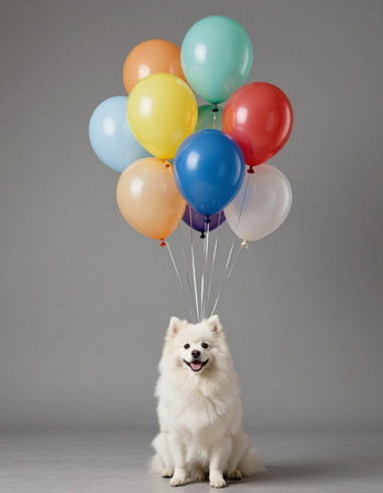 Cute Samoyed dog with colorful balloons on grey background.の写真素材