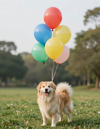 Cute dog with colorful balloons in the parkの写真素材