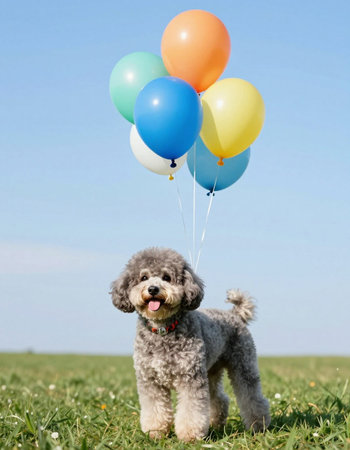 Cute little poodle with colorful balloons in the meadow.の写真素材