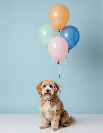Cute dog with colorful balloons on blue background. Studio shot.の写真素材