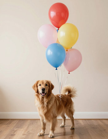 Cute Golden Retriever with Colorful Balloons at Homeの写真素材